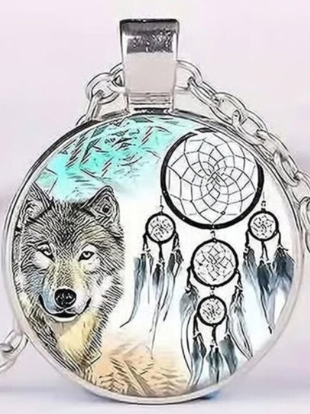 Silver Wolf and Dreamcatcher Pendant Necklace - Turquoise Accent